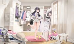 1girl absurdres azur_lane barefoot black_hair black_sports_bra breasts closet cropped_jacket curtains dress full_body grey_jacket hair_ribbon hat highres holding holding_unworn_clothes hood hooded_jacket indoors jacket large_breasts long_hair long_sleeves looking_at_viewer manjuu_(azur_lane) mirror non-web_source official_alternate_costume official_art pamiat_merkuria_(azur_lane) purple_eyes purple_ribbon reflection ribbon smile soles solo sports_bra sun_hat white_dress window