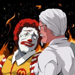 2boys afro angry colonel_sanders glasses jpeg_artifacts kfc lowres male_focus mcdonald&#039;s multiple_boys ronald_mcdonald scar scar_across_eye scar_on_face tsukumo_(soar99) what