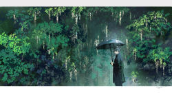 1boy absurdres black_hair black_jacket black_pants black_umbrella bush chinese_commentary commentary_request english_text gloves hat hidden_face highres holding jacket klein_moretti lord_of_the_mysteries nayannayan pants plant rain short_hair solo umbrella white_gloves
