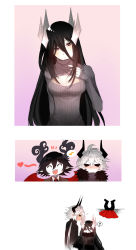 1girl 2boys 3koma :/ :d ? ^^^ ^_^ ahoge arukiyuusei black_eyes black_hair blush breasts cleavage cleavage_cutout closed_eyes closed_mouth clothing_cutout colored_skin comic demon_horns demon_wings eighth_note etihw flying_sweatdrops full-face_blush funamusea grey_sweater haiiro_teien hair_between_eyes heart highres horns kcalb large_breasts long_hair multiple_boys musical_note nose_blush open-chest_sweater open_mouth profile ribbed_sweater satanick sharp_teeth smile spoken_musical_note spoken_question_mark sweater teeth turtleneck turtleneck_sweater very_long_hair white_hair white_skin wings