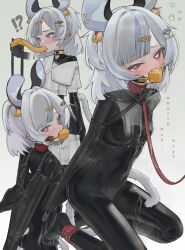 1girl animal_ears armbinder bodysuit collar crying crying_with_eyes_open cuffs dildo_gag gag gagged grey_hair highres latex latex_bodysuit leash long_hair looking_at_viewer original pink_hair restrained saaal653 saliva shackles skin_tight solo tail tears