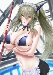 1girl apron artoria_pendragon_alter_(swimsuit_rider)_(fate) artoria_pendragon_alter_(swimsuit_rider)_(second_ascension)_(fate) artoria_pendragon_(fate) artoria_pendragon_(lancer_alter)_(fate) artoria_pendragon_alter_(swimsuit_rider)_(fate)_(cosplay) bare_shoulders bikini black_bikini black_skirt blonde_hair blush braid breasts choker cleavage cosplay fate/grand_order fate_(series) frilled_choker frills highres horns large_breasts long_hair looking_at_viewer maid_headdress masatoki mop navel open_mouth ponytail pool rei_no_pool sidelocks skindentation skirt solo swimsuit waist_apron yellow_eyes
