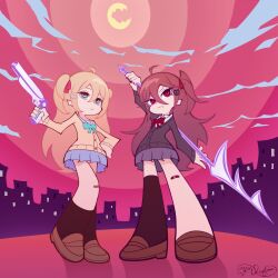2girls absurdres ahoge aqua_bow aqua_bowtie aqua_nails arm_up artist_name bandaid bandaid_on_knee bandaid_on_leg black_cardigan black_socks black_thighhighs blue_eyes blue_skirt bow bowtie broken_heart broken_heart_hair_ornament brown_hair brown_shoes building cardigan commentary double-barreled_shotgun english_commentary evil_neuro-sama fang finger_on_trigger frown full_body gun heart highres holding holding_polearm holding_weapon loafers long_hair moon multiple_girls neuro-sama outdoors panty_&amp;_stocking_with_garterbelt panty_&amp;_stocking_with_garterbelt_(style) polearm red_bow red_bowtie red_eyes red_nails red_sky reyforn sawed-off_shotgun shoes shotgun signature single_thighhigh skirt sky smile socks standing thighhighs two_side_up v-shaped_eyebrows vedal_ai virtual_youtuber weapon yellow_cardigan