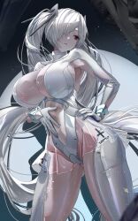 Rule 34 | 1girl, absurdres, armpit cutout, blush, bodysuit, breasts, cinderella (nikke), cleavage, clothing cutout, covered navel, disgustingtokki, dress, duplicate, full body, gloves, goddess of victory: nikke, hair over one eye, hand on own hip, highres, large breasts, leg cutout, leotard, long hair, looking at viewer, navel, navel cutout, night, night sky, one eye covered, outdoors, red eyes, see-through bodysuit, see-through clothes, see-through skirt, shiny eyes, simple background, skirt, sky, solo, star (sky), starry sky, stomach cutout, twintails, very long hair, white bodysuit, white hair