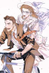 1boy 1girl bicycle black_hair blue_eyes couple dress formal_clothes hetero highres kisaki_eri long_hair meitantei_conan mercuryxun mouri_kogoro riding riding_bicycle short_hair simple_background suit white_background