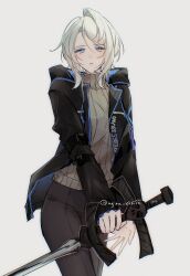 Rule 34 | 1girl, aojiru oisiiiii, arknights, blue eyes, brown sweater, closed mouth, cowboy shot, faust (project moon), highres, holding, holding sword, holding weapon, limbus company, looking at viewer, project moon, ribbed sweater, short hair, sidelocks, simple background, solo, sweater, sword, weapon, white background, white hair, zweihander