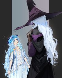 2girls black_dress blue_cape blue_hair book braid breasts cape commentary doll_joints dress earrings elden_ring elden_ring_nightreign english_commentary flower from_behind hair_flower hair_ornament hat head_wreath height_difference highres hoop_earrings jewelry joints large_hat long_hair low_twin_braids multiple_girls open_mouth qederapawn recluse_(elden_ring) revenant_(elden_ring) sideboob signature simple_background tall_female twin_braids wavy_hair white_dress white_hair witch_hat