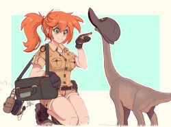 1girl bag blush breasts dinosaur giant giantess gloves green_eyes jen_(raps) jurassic_park medium_breasts orange_hair ponytail raps_(yohomeboyraps) smile solo_focus