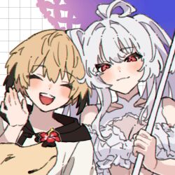 2girls animal bikini blonde_hair brown_hair chickenuma_0 closed_eyes closed_mouth commentary_request dog fate/grand_order fate_(series) gareth_(fate) gareth_(swimsuit_saber)_(fate) gareth_(swimsuit_saber)_(first_ascension)_(fate) highres holding holding_umbrella hood hood_down hoodie lady_avalon_(fate) lady_avalon_(second_ascension)_(fate) long_hair merlin_(fate/prototype) multicolored_hair multiple_girls official_alternate_costume open_mouth parasol red_eyes short_hair streaked_hair swimsuit teeth twintails umbrella upper_teeth_only white_bikini white_umbrella