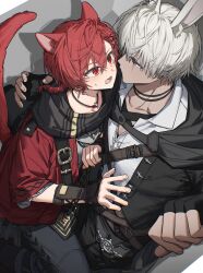 2boys absurdres ainsophur animal_ear_fluff animal_ears archon_mark black_gloves black_hood black_jacket black_pants black_scarf blush braid cat_boy cat_ears cat_tail clenched_hand closed_mouth collarbone commentary_request commission dark-skinned_male dark_skin embarrassed expressionless eye_contact face-to-face facial_mark final_fantasy final_fantasy_xiv fingerless_gloves from_above fujo0t4ku g&#039;raha_tia gloves grey_eyes grey_pants hair_between_eyes hair_ornament hand_on_another&#039;s_chest highres hood hood_down in_container interracial jacket jewelry korean_commentary looking_at_another male_focus medium_hair miqo&#039;te multiple_boys neck_tattoo nose_blush oc_x_canon open_clothes open_jacket open_mouth pants pendant rabbit_boy rabbit_ears red_eyes red_hair red_jacket red_tail scar scar_across_eye scar_on_face scarf second-party_source shadow shirt short_hair shoulder_belt single_braid slit_pupils sweatdrop tail tattoo three-quarter_sleeves very_short_hair viera warrior_of_light_(ff14) white_hair white_shirt x_hair_ornament yaoi