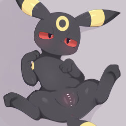 1girl animal_ears anus bar_censor black_fur blush censored closed_mouth female_focus gen_2_pokemon grey_background highres lying nintendo on_back pokemon pokemon_(creature) pussy red_eyes samimitan solo spread_legs tail umbreon wide_spread_legs