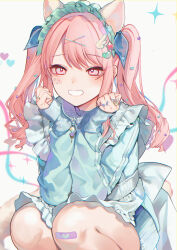 Rule 34 | 1other, absurdres, akiyama mizuki, animal ears, apron, bandaid, bandaid on knee, bandaid on leg, cat ears, commentary, daimaou ruaeru, grin, hair ornament, heart, heart hair ornament, highres, jersey maid, jewelry, long sleeves, maid, maid headdress, other focus, pink eyes, pink hair, project sekai, ring, sidelocks, smile, solo, star (symbol), star hair ornament, swept bangs, symbol-only commentary, twintails, unconventional maid, white apron, wing hair ornament, x hair ornament