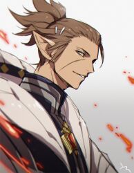 1boy blue_eyes brown_hair charibert_de_leusignac elezen elf embers facial_scar final_fantasy final_fantasy_xiv from_side grey_lips hair_pulled_back looking_at_viewer male_focus medium_hair pointy_ears ponytail portrait scar scar_on_cheek scar_on_face solo white_background yomo_(ym)
