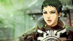1girl armor black_hair brown_eyes cassandra_pentaghast dragon_age eyeshadow female_focus gradient_background makeup open_mouth scar short_hair solo