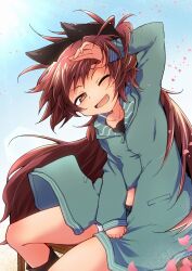1girl arm_up blue_sky commentary_request day grey_hoodie hand_on_own_head highres hitori_jozu hood hood_down hoodie light_smile long_sleeves looking_at_viewer mahou_shoujo_madoka_magica one_eye_closed open_mouth ponytail red_eyes red_hair sakura_kyoko sky zipper