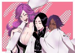 3girls anno_im bleach breasts cleavage closed_eyes dark-skinned_female dark_skin female_focus haori height_difference highres hikifune_kirio huge_breasts lipstick long_hair makeup matching_hair/eyes multiple_girls one_eye_closed purple_eyes purple_hair shihouin_yoruichi short_hair spoon unohana_retsu upper_body white_haori wink