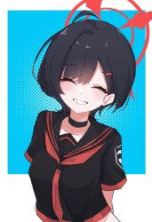 Rule 34 | 1girl, alternate costume, alternate hair length, alternate hairstyle, arms behind back, black choker, black sailor collar, black shirt, blue archive, blush, choker, closed eyes, grin, hair behind ear, halo, highres, ichika (blue archive), necktie, red halo, red necktie, sailor collar, school uniform, shirt, short hair, short sleeves, smile, solo, tah noey, upper body
