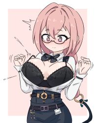 1girl arms_up black_bow bow bra breasts breasts_out closed_mouth female_focus glasses jua large_breasts looking_at_breasts looking_down medium_hair pink_eyes pink_hair shorts solo sweat trembling tsukishiro_yanagi underwear wet zenless_zone_zero
