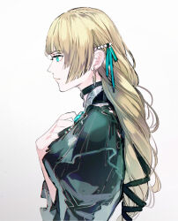 1girl alternate_costume black_choker blonde_hair blunt_bangs braid breasts choker dress fire_emblem fire_emblem:_three_houses from_side gem green_dress green_eyes green_gemstone green_ribbon hair_ribbon hand_on_own_chest ingrid_brandl_galatea long_hair medium_breasts nintendo ribbon sidelocks simple_background solo tsukimura_noe very_long_hair white_background