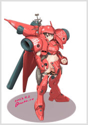 Rule 34 | 1girl, armor, black hair, brown eyes, cosplay, full body, gerbera tetra, gerbera tetra (cosplay), grin, gun, gundam, gundam 0083, kantai collection, mecha musume, midriff, miyuki (kancolle), moke ro, no panties, red armor, short hair, simple background, smile, solo, standing, weapon, white background