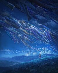 Rule 34 | 1girl, blue theme, cloud, cloudy sky, commentary, cyclecircle, english commentary, facing away, grass, highres, koinobori, mountain, mountainous horizon, original, outdoors, scenery, sky, solo, very wide shot, windsock