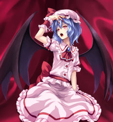 1girl asu_hare bad_id bad_pixiv_id bat_wings blood female_focus hand_over_face hat highres nail_polish open_mouth purple_hair red_eyes remilia_scarlet short_hair skirt skirt_set slit_pupils solo touhou wings wrist_cuffs