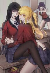 3girls absurdres black_hair black_ribbon blonde_hair bow breasts brown_shoes desk eyepatch fangs food frown fruit hair_between_eyes hair_ribbon highres houndstooth hyakkaou_academy_school_uniform ikishima_midari jabami_yumeko kakegurui miseqi multiple_girls open_mouth orange_eyes pear purple_bow purple_hair purple_lips red_eyes red_nails red_snake ribbon saotome_mary school_desk school_uniform shoes skirt smile thumb_ring yuri