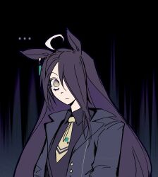 Rule 34 | ..., 1girl, absurdres, ahoge, bags under eyes, black background, black hair, black shirt, closed mouth, collared shirt, ear tag, earrings, expressionless, green eyes, grey background, hair over one eye, highres, jewelry, long hair, manhattan cafe (umamusume), multicolored hair, necktie, oraclespades, shirt, single earring, solo, umamusume, very long hair, white hair, yellow eyes, yellow necktie