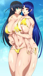 Rule 34 | 2girls, alternate universe, bad anatomy, bikini, blue hair, blue sky, breasts, breasts squeezed together, grabbing another&#039;s breast, groping, highres, huge breasts, igawa asagi, long hair, looking at another, multiple girls, outdoors, sky, swimsuit, taimanin (series), taimanin asagi, taimanin murasaki, thong, thong bikini, wide hips, yatsu murasaki, yellow bikini, yuri