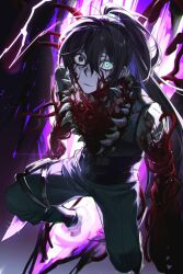 1boy belt black_belt black_hair black_pants black_vest blood blood_on_clothes blood_on_face body_horror dimension_shredder_(e.g.o) e.g.o_(project_moon) extra_teeth flesh heterochromia high_ponytail highres hong_lu_(project_moon) limbus_company long_hair long_sleeves looking_at_viewer pants parted_lips ponytail portal_(object) project_moon solo very_long_hair vest white-trick