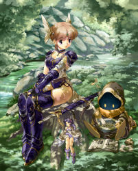 1boy 2girls armor bandages blue_eyes book brown_hair elbow_gloves fairy fantasy forest gloves head_wings hood mini_person minigirl mortar_(bowl) multiple_girls musical_note nature purple_eyes sheath sheathed sitting size_difference sleeping stream sword thighhighs tree_shade tree_stump uchiu_kazuma valkyrie warlock warrior water weapon wings zzz