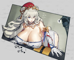 ! !! 1girl 1other alternate_breast_size animal_ears arknights bear_ears bear_tail blue_eyes breasts detached_collar doctor_(arknights) dress elbow_gloves gloves hat heterochromia huge_breasts jewelry leaning_forward long_hair melon22 necklace official_alternate_costume red_eyes rosa_(arknights) rosa_(masterpiece)_(arknights) strapless strapless_dress tail white_gloves white_hair