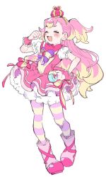 1girl :d blonde_hair boots bow brooch closed_eyes crown cure_wonderful dress earrings fang full_body hand_on_own_hip hand_up heart heart_brooch highres inukai_komugi jewelry long_hair magical_girl multicolored_hair open_mouth pantyhose pink_dress pink_hair pleated_dress precure puffy_short_sleeves puffy_sleeves ranirani short_sleeves simple_background sketch skirt smile solo striped_bow striped_clothes striped_pantyhose two-tone_hair two_side_up white_background white_skirt wonderful_precure! wrist_cuffs