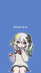 1girl :o alternate_costume ameniwa blue_background bow bowtie character_name collared_shirt genshin_impact gradient_hair green_eyes green_hair hair_between_eyes hair_ornament highres leaf_hair_ornament long_hair looking_at_viewer multicolored_hair nahida_(genshin_impact) negative_space outline parted_lips pointy_ears red_bow school_uniform shirt side_ponytail simple_background skirt solo sweater white_hair white_outline