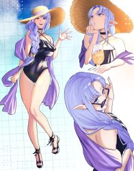 1girl black_one-piece_swimsuit braid breasts commentary_request fate_(series) hat highres hiyayaako low_twintails medea_(fate) medium_breasts one-piece_swimsuit purple_eyes purple_lips purple_shawl second-party_source shawl single_braid straw_hat swimsuit twintails