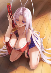 1girl antenna_hair bare_shoulders between_breasts blue_eyes breasts cleavage closed_mouth collarbone commentary_request highres indoors japanese_clothes katana large_breasts lolita_fashion long_hair looking_at_viewer medium_breasts microskirt natsume_maya no_bra obi off_shoulder pleated_skirt purple_hair purple_skirt qingmingtongzi sash skirt socks solo squatting sword tenjou_tenge underwear very_long_hair wa_lolita weapon white_hair wooden_floor