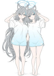 2girls animal_ear_fluff animal_ears barefoot blue_archive blue_halo blush broken_halo closed_mouth commentary cross cross_hair_ornament dual_persona extra_ears flat_color full_body grey_hair grey_halo hair_intakes hair_ornament halo highres inverted_cross legs long_hair looking_at_viewer matching_outfits multiple_girls oversized_clothes oversized_shirt shiroko_(blue_archive) shiroko_terror_(blue_archive) shirt short_hair short_sleeves simple_background standing t1kosewad toes v very_long_hair white_background white_shirt wolf_ears wolf_girl