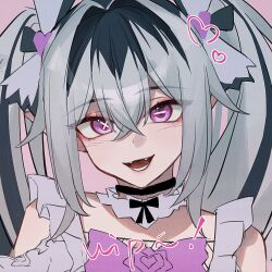 Rule 34 | 1girl, black hair, crossed arms, fangs, grey hair, hair between eyes, hair intakes, jetavie (pgr), long hair, looking at viewer, mismatched pupils, multicolored hair, open mouth, punishing: gray raven, purple eyes, slit pupils, solo, streaked hair, symbol-shaped pupils, takamatu hajime, twintails, x-shaped pupils