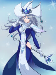 1girl bare_hips blue_dress blue_eyes dress duel_monster gloves gradient_background grey_hair hat highres hip_vent holding holding_staff long_hair nyankoro_mochi silent_magician staff tabard white_gloves white_hat white_tabard wizard_hat yu-gi-oh!