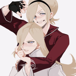 2boys ancestor_and_descendant androgynous arm_around_neck arm_up ash_crimson asymmetrical_bangs black_headband black_nails blue_eyes collared_jacket commentary freckles grin hair_over_one_eye hand_on_own_face headband hexermer highres jacket long_sleeves male_focus multiple_boys nail_polish one_eye_covered open_collar parted_lips red_jacket saiki_(kof) simple_background smile symbol-only_commentary the_king_of_fighters the_king_of_fighters_xiii upper_body white_background white_jacket white_trim