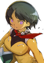1girl angry black_hair blue_eyes bodysuit breasts gundam gundam_gquuuuuux helmet holding holding_helmet large_breasts looking_at_viewer muramasa_mikado orange_bodysuit orange_helmet red_scarf scarf shiiko_sugai short_hair standing unworn_headwear unworn_helmet upper_body white_background