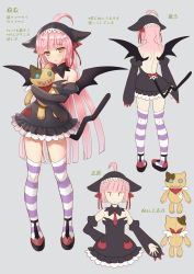 1girl :&lt; backless_dress backless_outfit bare_shoulders black_dress black_footwear black_hat black_wings blush bow brown_eyes closed_mouth commentary_request copyright_request dress fang hair_bow hat highres hugging_object juliet_sleeves long_hair long_sleeves looking_at_viewer multiple_views parted_lips pink_hair puffy_sleeves red_bow seiru_(prairie) short_dress sleeves_past_wrists standing strapless strapless_dress striped_clothes striped_thighhighs stuffed_animal stuffed_cat stuffed_toy t_t thighhighs translation_request very_long_hair virtual_youtuber wings x-ray