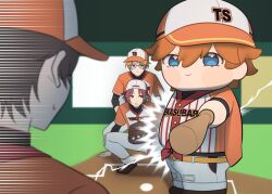 Rule 34 | 4boys, akehoshi subaru, backwards hat, baseball cap, baseball glove, bbahot, belt, black hair, blonde hair, blue eyes, chibi, closed mouth, ensemble stars!, facing away, hat, hidaka hokuto, isara mao, korean commentary, multiple boys, orange belt, orange hair, short hair, sideways hat, smile, sportswear, trickstar (ensemble stars!), yuuki makoto (ensemble stars!)