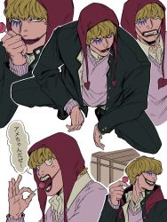 Rule 34 | 1boy, blonde hair, candy, cropped torso, donquixote rocinante, food, go524go, grin, heart, highres, holding, holding candy, holding food, holding lollipop, lollipop, makeup, one piece, open mouth, purple sweater, red hood, shirt, short hair, sly, smile, speech bubble, squatting, sweat, sweater, teeth, variations, white background, white shirt