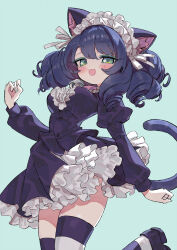 Rule 34 | 1girl, :3, animal ears, blue hair, blush, bow, bowtie, cat ears, cat girl, cat tail, curly hair, cyan (show by rock!!), dress, drill hair, frilled hairband, frills, gothic lolita, green eyes, hairband, highres, hiyo moo, lolita fashion, lolita hairband, looking at viewer, open mouth, pink bow, pink bowtie, purple dress, ringlets, short hair, show by rock!!, solo, striped clothes, striped thighhighs, tail, thighhighs