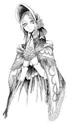 1girl bloodborne bonnet cape commentary dress expressionless flower greyscale hair_flower hair_ornament highres kuropin looking_at_viewer monochrome own_hands_together plain_doll simple_background solo