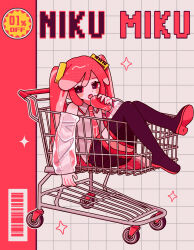 Rule 34 | 1girl, absurdres, barcode, black boots, black skirt, blush stickers, boots, borrowed design, character name, collared shirt, commentary request, cover, detached sleeves, eating, fake magazine cover, fang, food, food-themed hair, full body, grey shirt, grid background, hair ornament, half-closed eyes, hatsune miku, highres, holding, holding food, in shopping cart, long hair, looking at viewer, magazine cover, necktie, niku miku (nankai), okayu (cwtv7823), open mouth, pleated skirt, raw meat, red eyes, red necktie, see-through clothes, see-through sleeves, shirt, shopping cart, sitting, skirt, sleeveless, sleeveless shirt, solo, sparkle, thigh boots, twintails, very long hair, vocaloid, white background