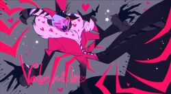 1boy ama0805 blood coat colored_skin demon_boy fur-trimmed_coat fur_trim hazbin_hotel heart heart-shaped_eyewear highres looking_at_viewer pink_coat purple_skin red_eyes sharp_teeth solo teeth valentino_(hazbin_hotel)