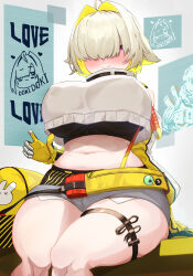 1girl ahoge bag bare_shoulders belt black_sports_bra blonde_hair blush breasts closed_mouth clothing_cutout commentary_request covered_erect_nipples crop_top crop_top_overhang cropped_sweater elegg_(nikke) exposed_pocket eyes_visible_through_hair fang gauntlets gloves goddess_of_victory:_nikke grey_shorts hair_intakes hair_over_eyes highres hizakake huge_breasts long_sleeves looking_at_viewer midriff multicolored_gloves multicolored_hair navel purple_eyes short_hair shorts shoulder_cutout sidelocks sitting skin_fang skindentation solo sports_bra suspender_shorts suspenders sweater thick_thighs thigh_strap thighs two-tone_hair utility_belt white_sweater