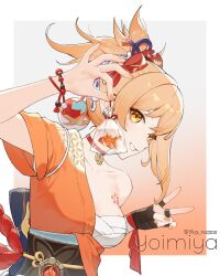 Rule 34 | 1girl, bandages, bracelet, breasts, character name, chest sarashi, choker, fish, genshin impact, goldfish, hadanugi dousa, hair ornament, highres, holding, japanese clothes, jewelry, kimono, looking at viewer, medium breasts, nail polish, open clothes, open kimono, orange hair, orange kimono, orange nails, red choker, rj (lingshih10), sarashi, sash, simple background, solo, tasuki, tattoo, v, vision (genshin impact), yellow eyes, yoimiya (genshin impact)